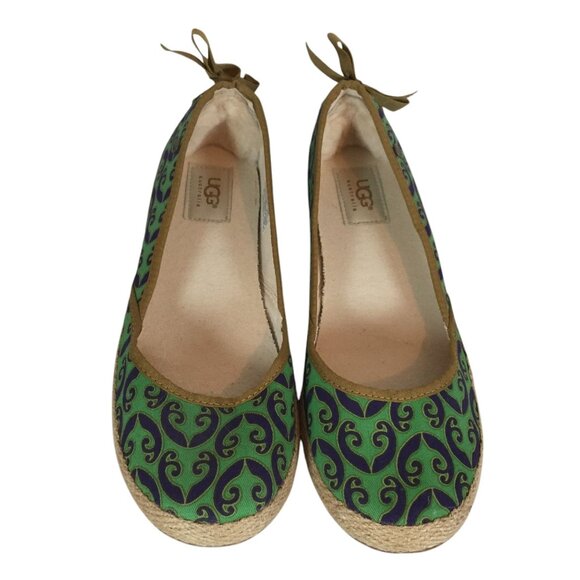UGG Australia Womens Espadrille Flats 8.5/39.5 Green Navy Pattern Canvas Slip-On - Picture 2 of 8